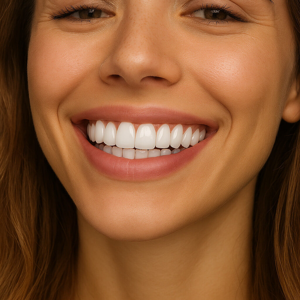 Close-up of a bright, even smile showing straight white teeth with porcelain veneers.