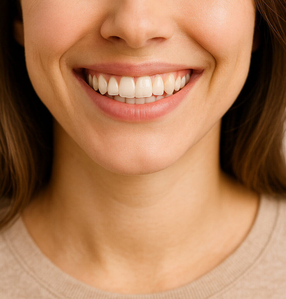Close-up of a woman’s natural smile showing her teeth, lips, and lower face against a plain white background.