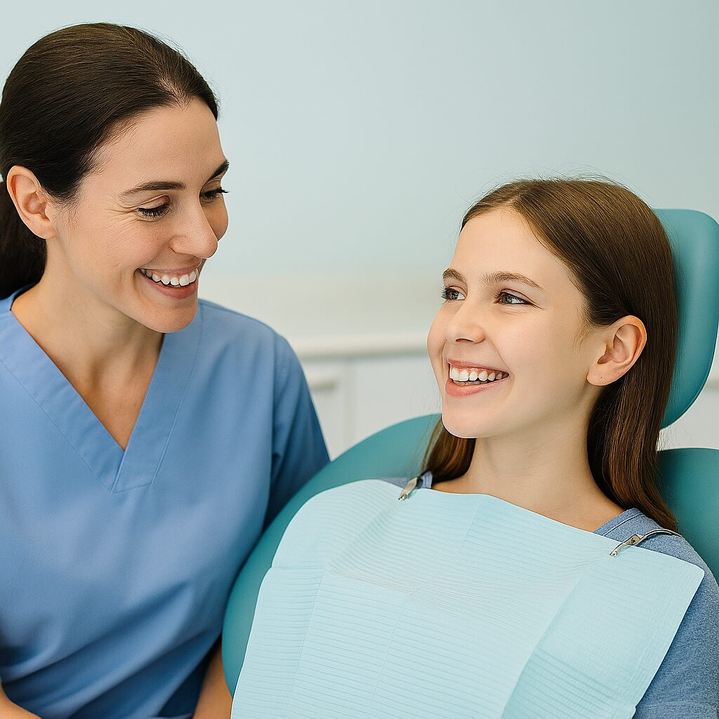 Dental hygienist smiling and speaking with a relaxed patient during a routine cleaning visit.