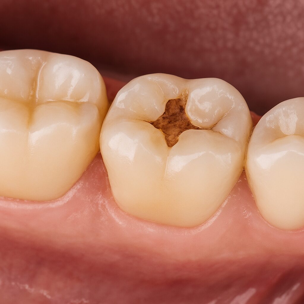 Close‑up photo of a molar with a small cavity on the chewing surface showing where a tooth‑colored filling would be placed
