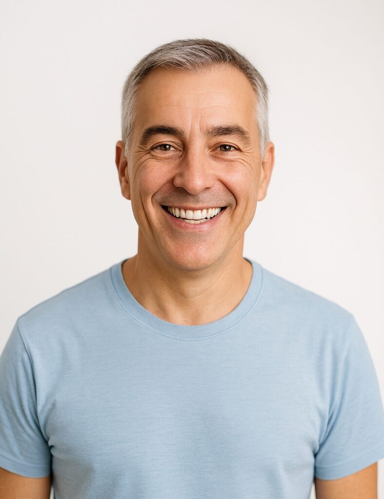 Smiling middle-aged man with short gray hair wearing a light blue shirt, standing against a plain white background.