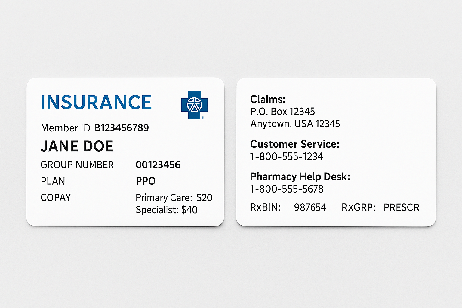 Sample insurance card showing front and back layout side by side