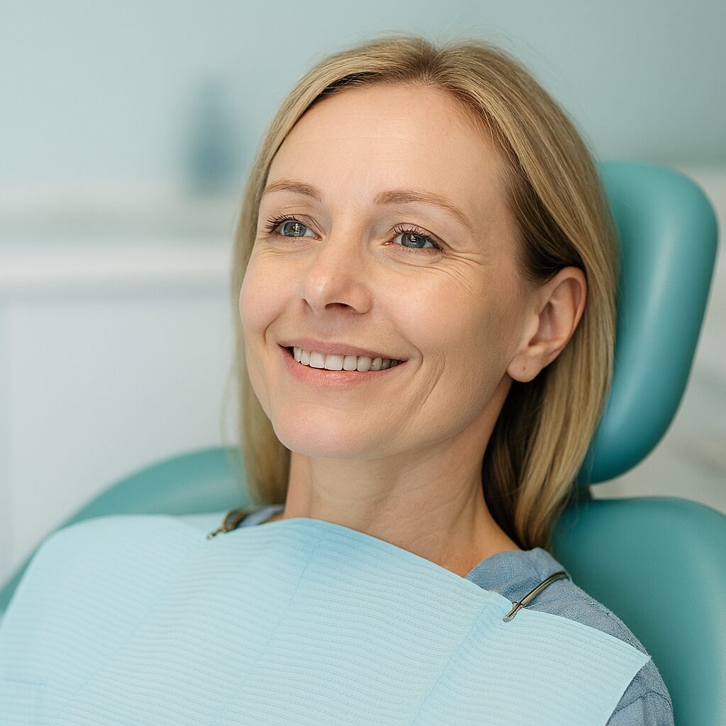 Smiling adult dental patient reclining calmly in a chair during a routine visit.