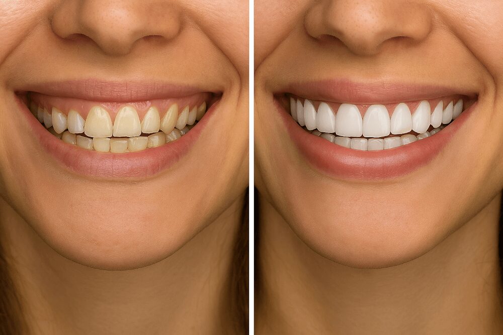 Close-up of a woman's smile showing natural teeth before veneers and bright, aligned teeth after veneers.